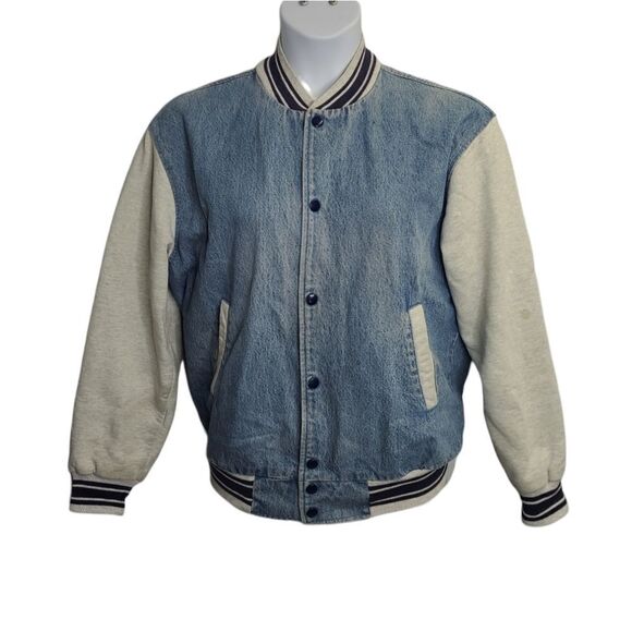 VINTAGE 90s denim varsity bomber spellout jean jacket unisex M - Picture 3 of 11